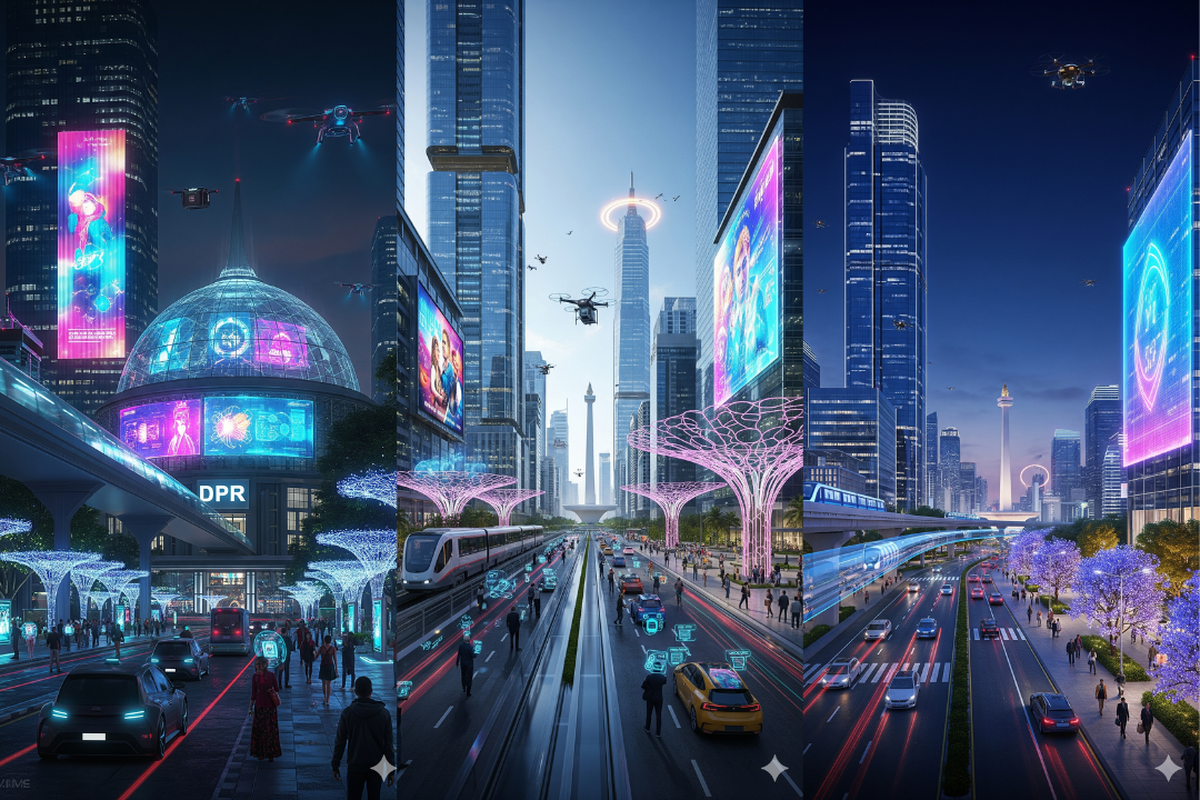 三张 AI Gemini 2.5 Flash 图像，当被要求描述未来的雅加达市时。双子座拍摄雅加达时，建筑元素设计各异。有漂浮的轻轨线，具有复杂技术视觉效果的汽车，以及修道院纪念碑的细节，似乎成比例。